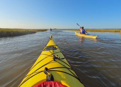 Trois personnes font du kayak de mer jaune sur le Delta de la Leyre, dans le bassin d'Arcachon