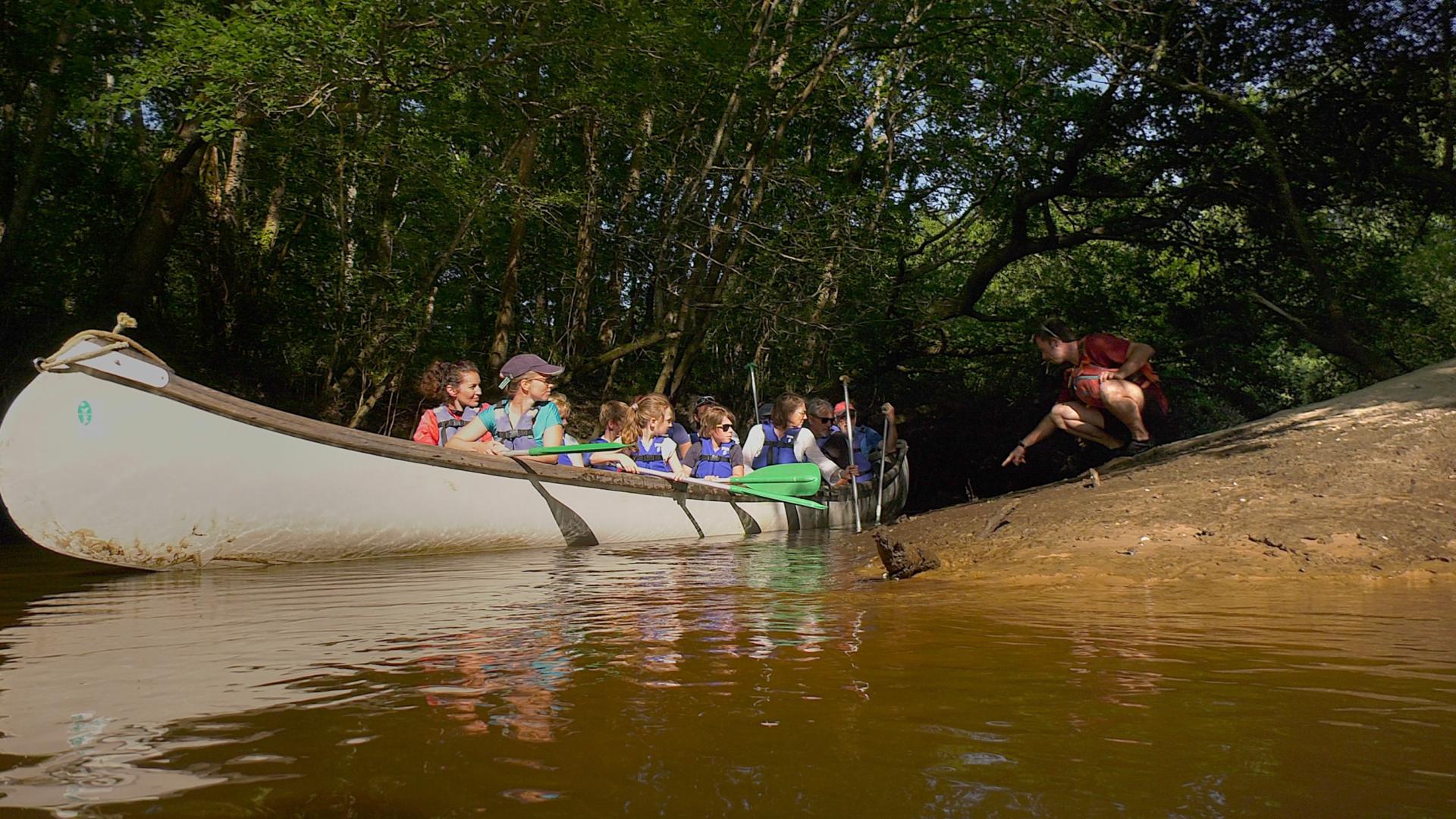 Un groupe d'enfants en canoë collectif écoute un animateur naturaliste au bord de la Leyre.